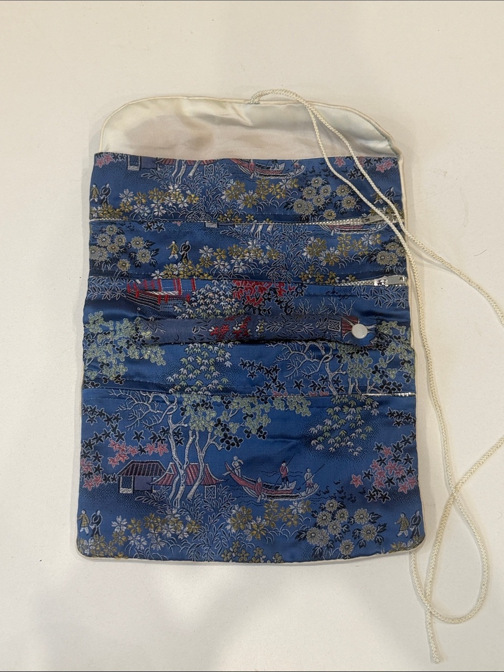 Blue Asian Scenic Drawstring Silk-Feel Zippered Jewelry Pouch